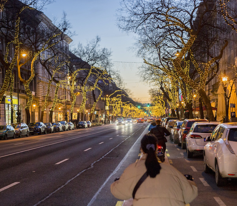 Bike lanes on Andrássy street with christmas lights