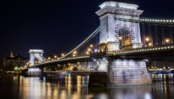 Chain Bridge in Budapest at night illuminated by lights