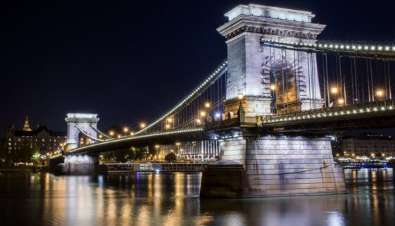 Chain Bridge in Budapest at night illuminated by lights
