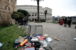  garbage waste around the Colosseum in Rome
