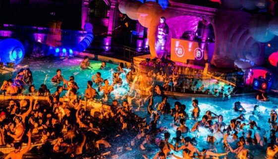 View of the Szechenyi bath’s night party in Budapest