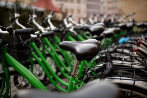 Close-up of green bikes. Photo by Masson-Simon