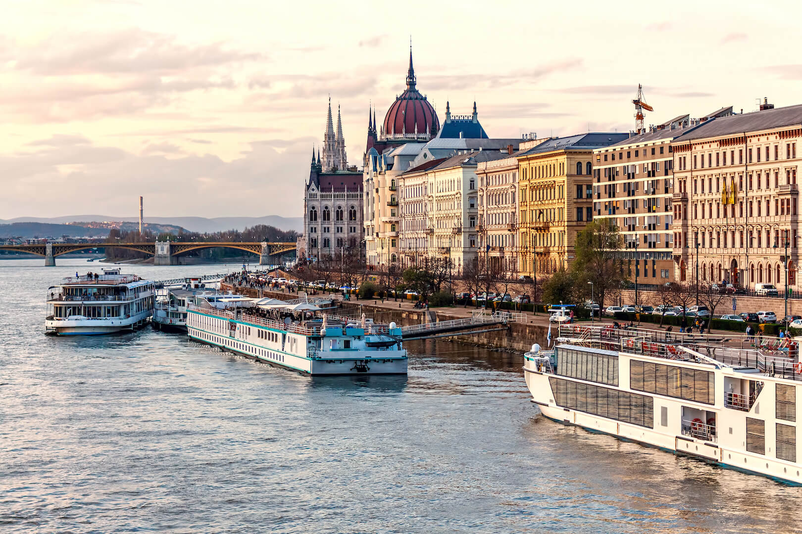 cruise ships at sunset on danube river