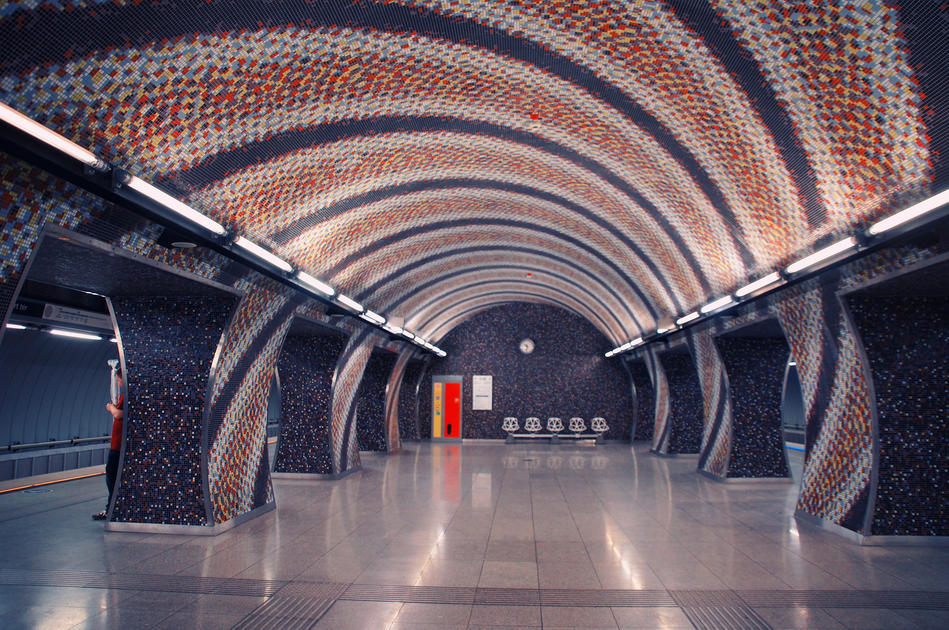 The Szent Gellért Tér metro station in Budapest, Hungary with its colourful mosaic design.