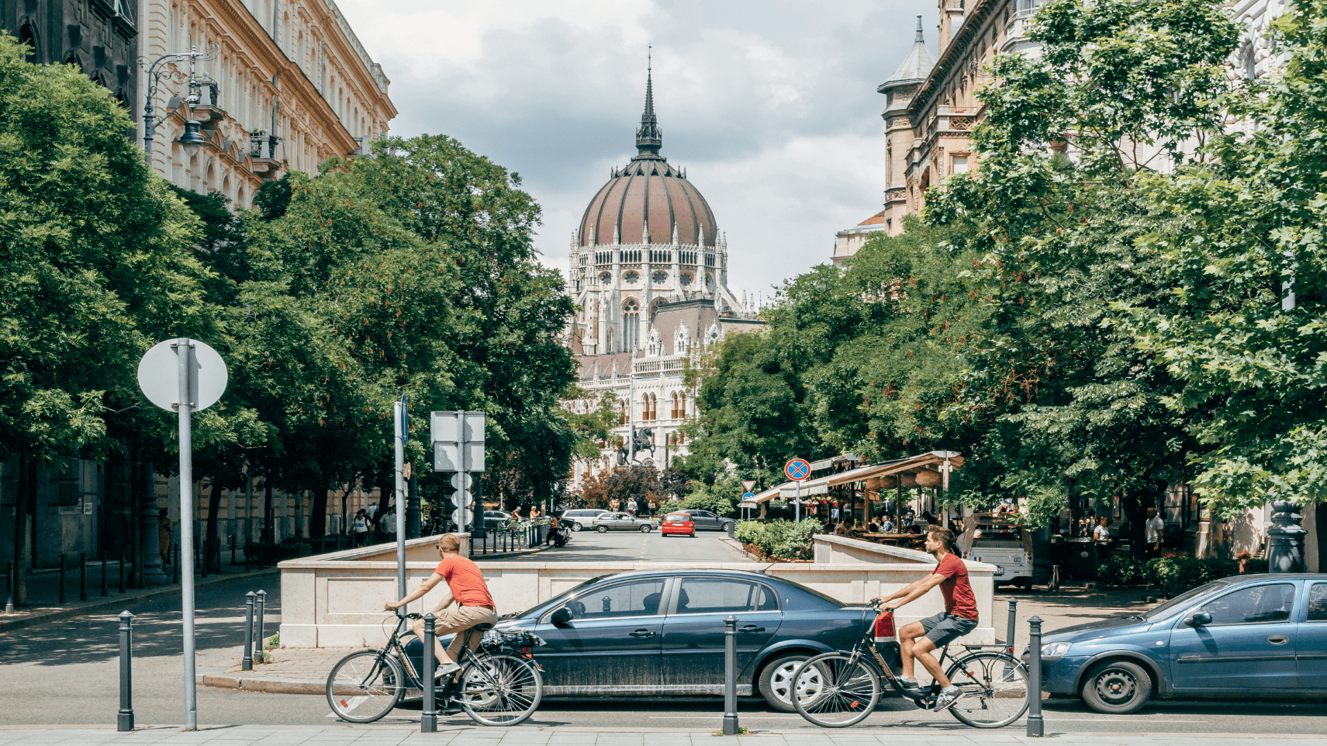 Cyclists in the city of Budapest, Hungary